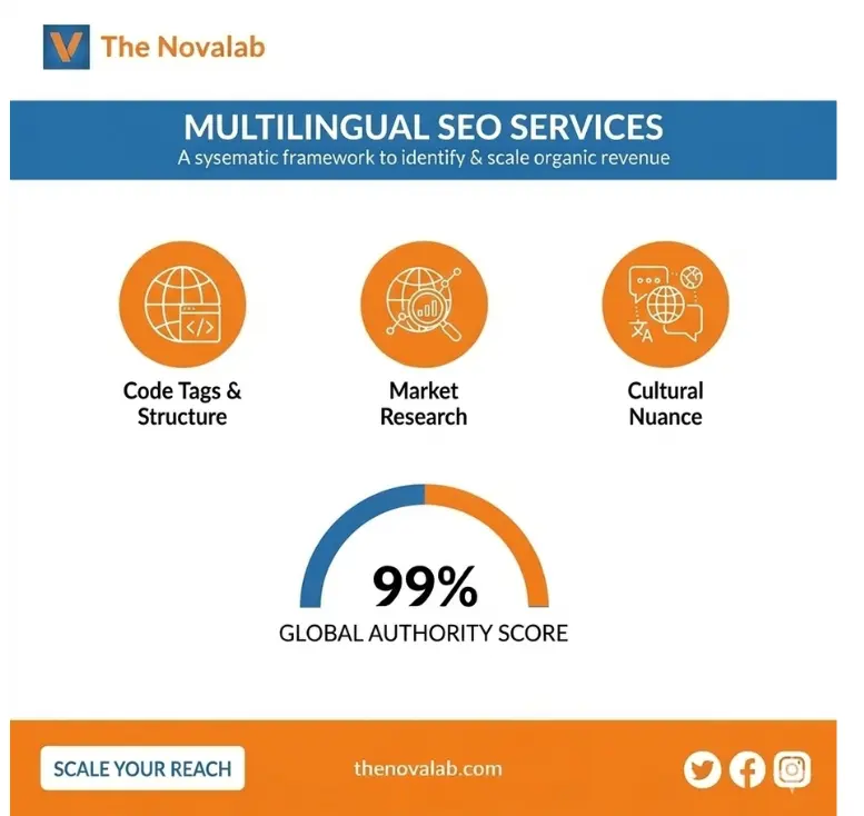 The Novalab multilingual SEO services infographic showing how code structure, market research, and cultural nuance help scale organic revenue and income globally.