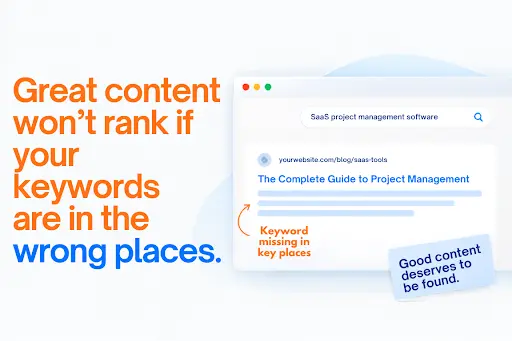 On-page SEO graphic showing a SaaS project management search result with important keywords missing from key page elements.
