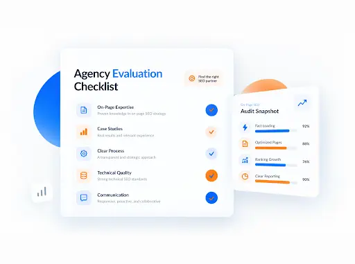 SEO agency evaluation checklist graphic highlighting on-page expertise, case studies, clear process, technical quality, communication, and SEO audit performance metrics.