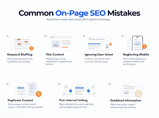 Common on-page SEO mistakes infographic highlighting keyword stuffing, thin content, ignoring user intent, poor mobile optimization, duplicate content, weak internal linking, and outdated information.